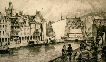 Morlaix. Le quai de Tréguier vers 1834. Le bassin s'étend à l'emplacement de l'actuelle place Thiers. Au fond, l'ancienne mairie. C'est à cette adresse que résident alors John et Elisabeth Jenkins et que naît leur première fille.
